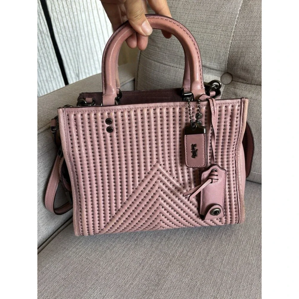 Coach 1941 Rogue 25 Dusty Rose Quilted Rivets Leather Satchel Handbag Shoulder